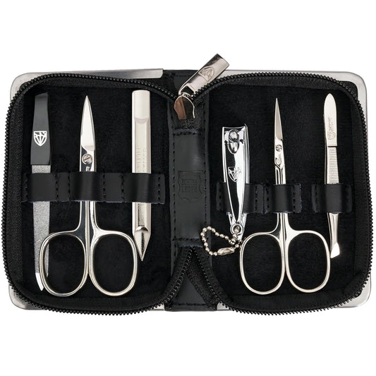 3 Swords Germany - brand quality 6 piece manicure pedicure kit set for professional finger & toe nail care with leather case - Made in Germany - black genuine leather