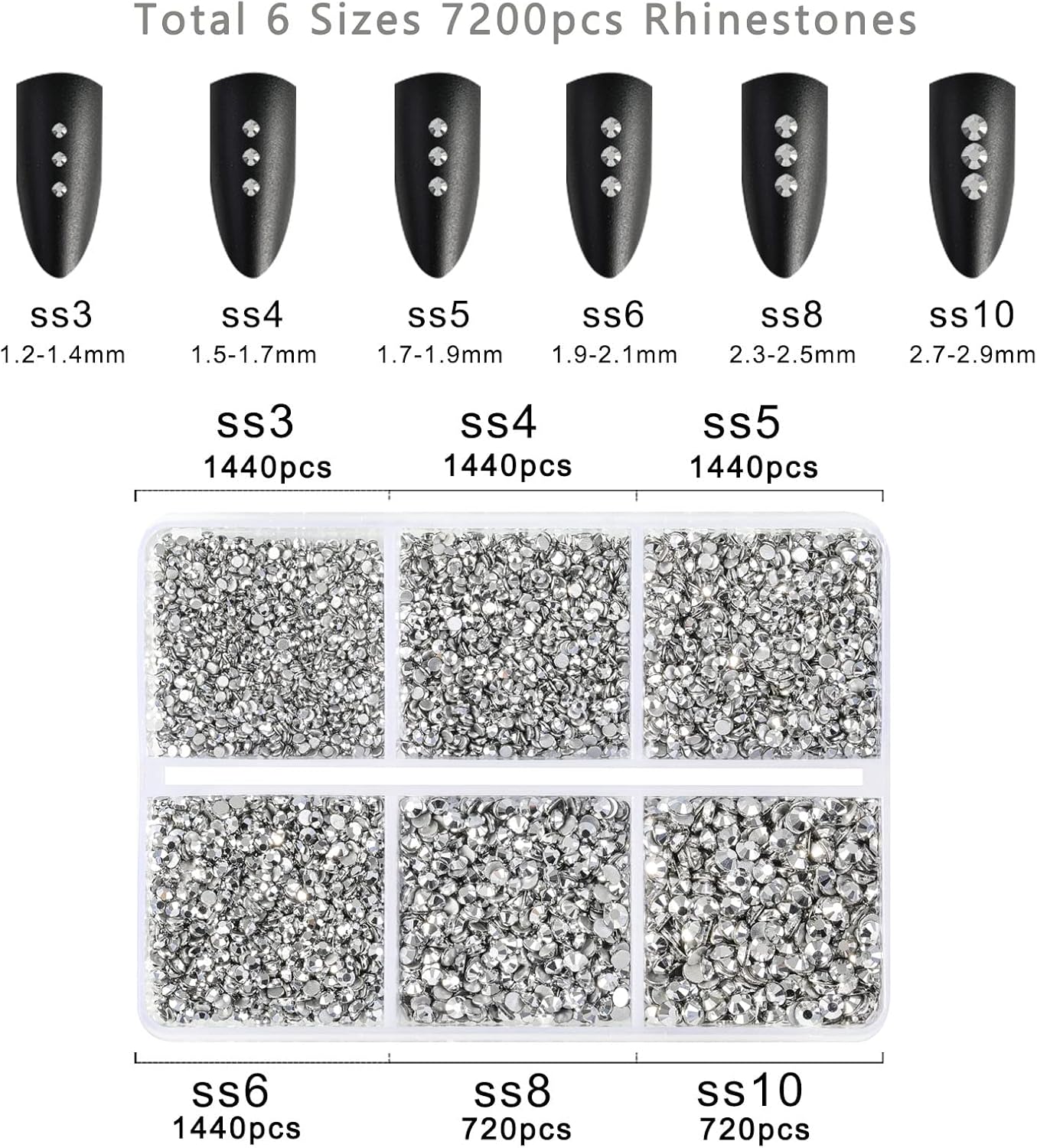 Beadsland 7200pcs Flatback Rhinestones,Silver Rhinestone Nail Gems Round Crystal Rhinestones for Crafts,Mixed 6 Sizes with Wax Pencil Kit, SS3-SS10,Silver Hematite