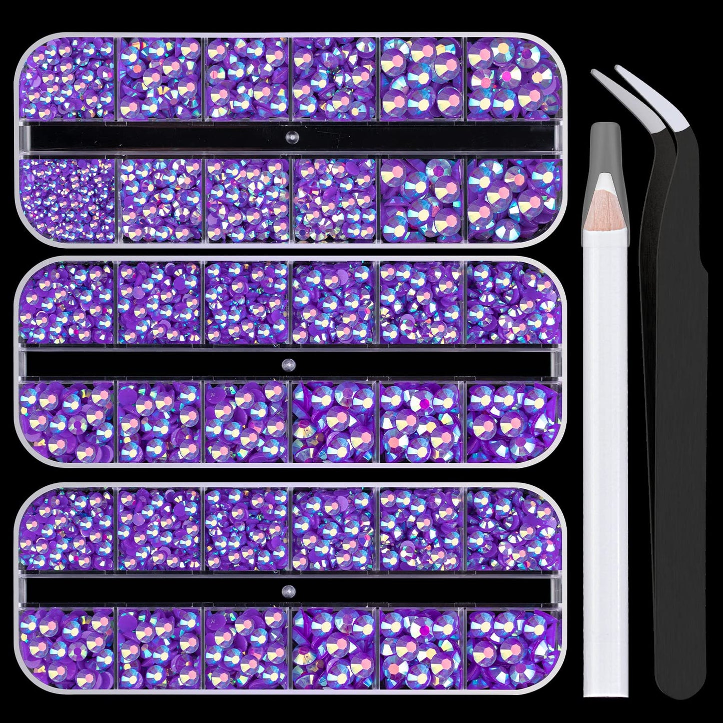 5000PCS Resin Rhinestones with Tweezers for Crafting, 2/3/4/5/6mm Flatback Jelly Rhinestones, 3 Box Dark Purple AB Non Hotfix Crystal Gems for DIY Crafts Mugs Tumblers Clothes Makeup Nail