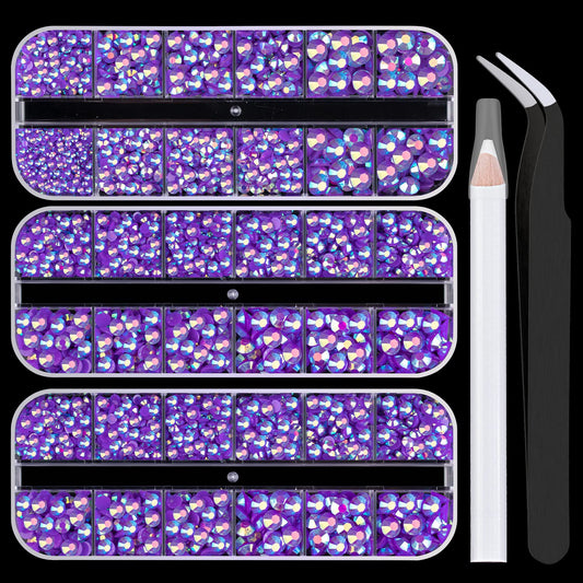 5000PCS Resin Rhinestones with Tweezers for Crafting, 2/3/4/5/6mm Flatback Jelly Rhinestones, 3 Box Dark Purple AB Non Hotfix Crystal Gems for DIY Crafts Mugs Tumblers Clothes Makeup Nail