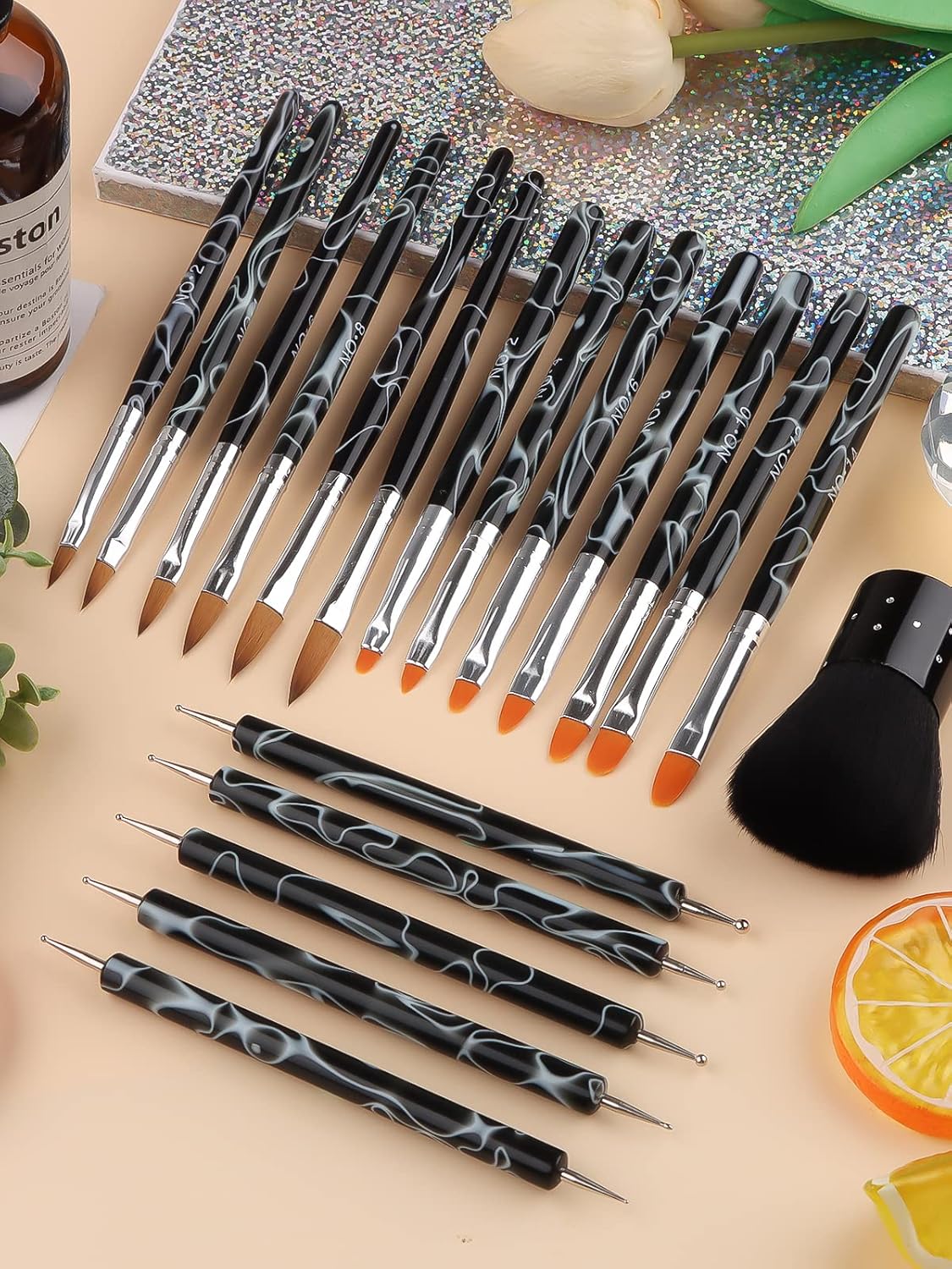TOROKOM 19Pcs Acrylic Nail Brush Set, Nail Brushes for Nail Art Pen Nail Art Tools for Acrylic Application incl 7Pcs Gel Nail Polish Brush,6Pcs Nail Design Brush,5Pcs Dotting Pen,1Pc Nail Dust Brush