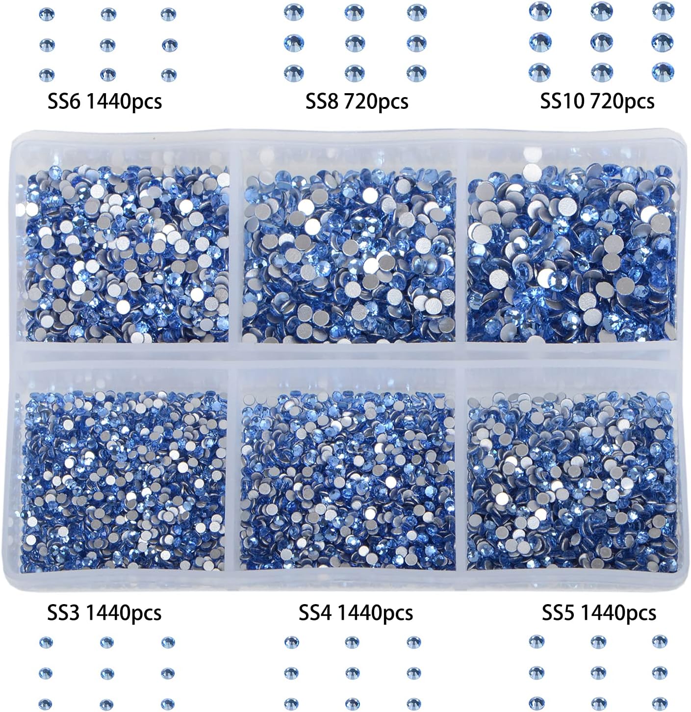 Bymitel 7200 Pieces 6 Mixed Sizes Glue Fix on Glass Rhinestones Round Crystal Gems Flatback for DIY Jewelry Making with one Picking Pen(6-Sizes 7200PCS, Lt. Sapphire)