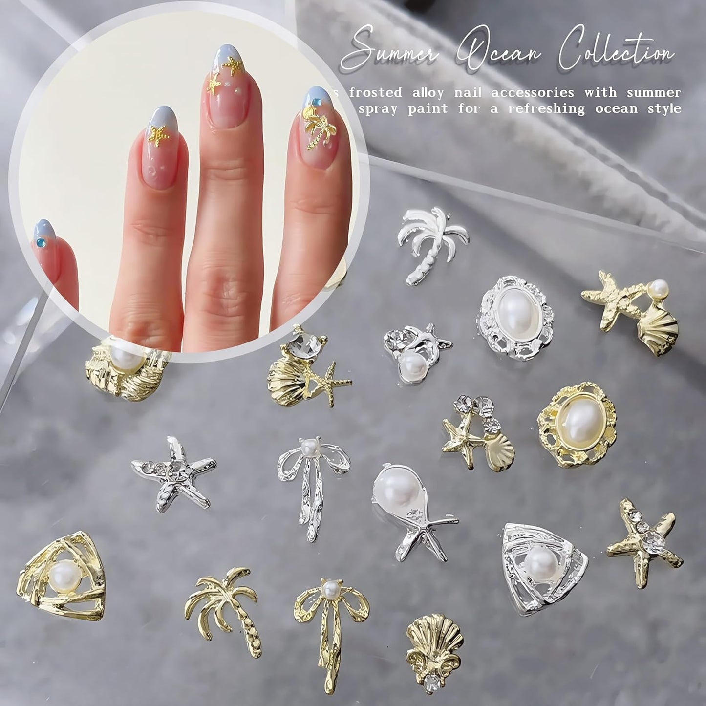 24Pcs Gold Starfish Seashell Charms for Nails Alloy Summer Beach Nail Rhinestones Ocean Theme Nail Art Jewelry Coconut Tree Starfish Pearl Nail Supplies for Nail Art Designs DIY Manicure Decoration