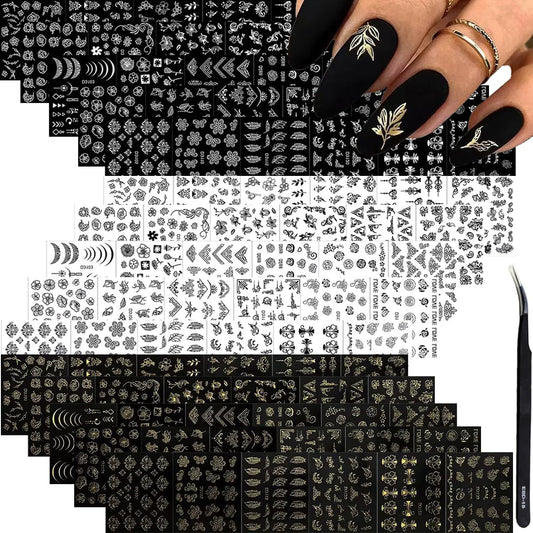 90 Sheets Flower Nail Stickers 3D Self-Adhesive Gold White Black Nail Decals Lace Retro Floral Leaf Nail Art Designs for Women and Girls Nail Art Decoration Accessories with Nail Tweezer