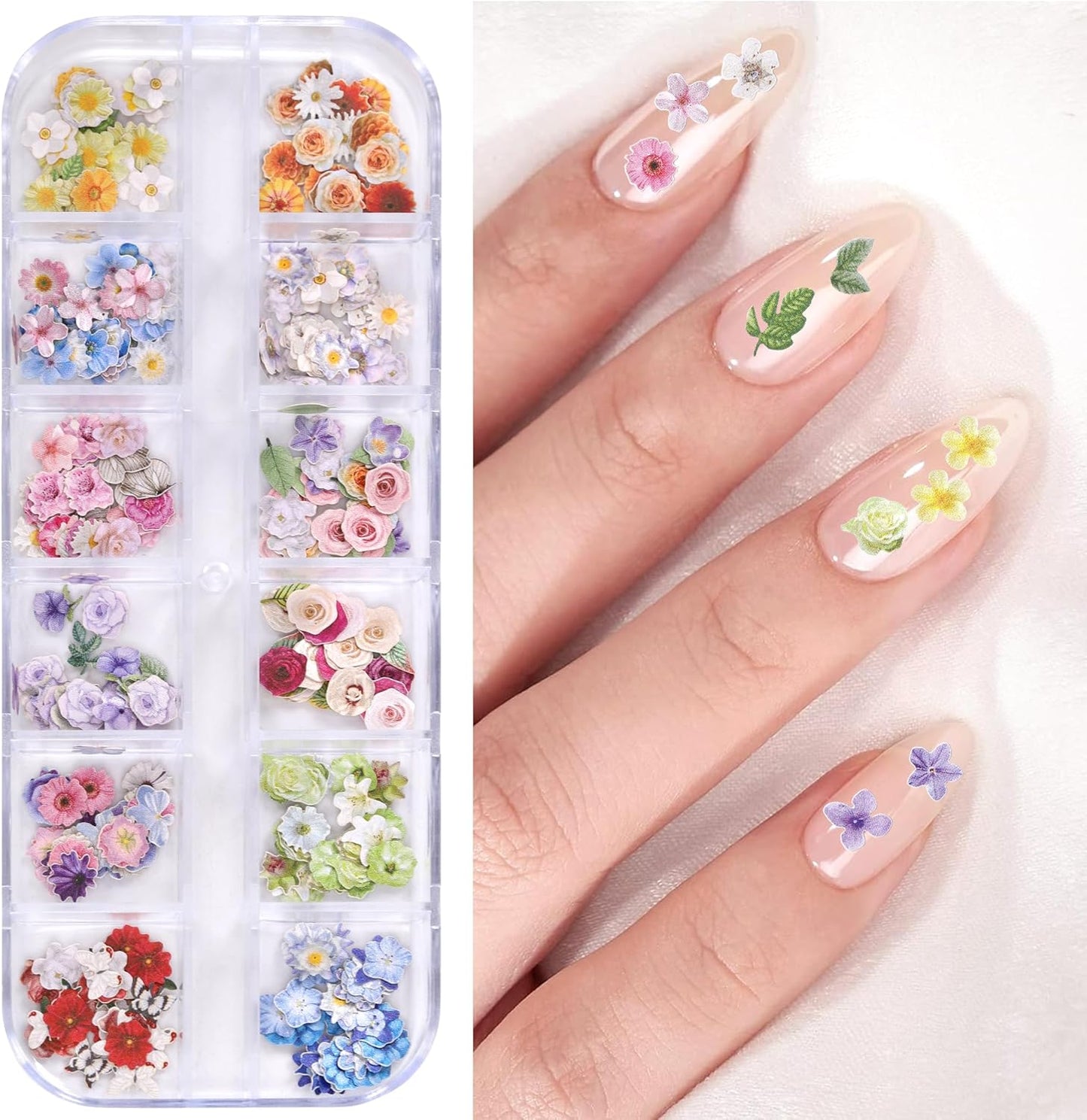 300Pcs 3D Flower Nail Art Charms Sequins Decals Colorful Mixed Flowers Leaves Design Slice Nail Flowers Ultra Wood Pulp Flakes Sequins 4
