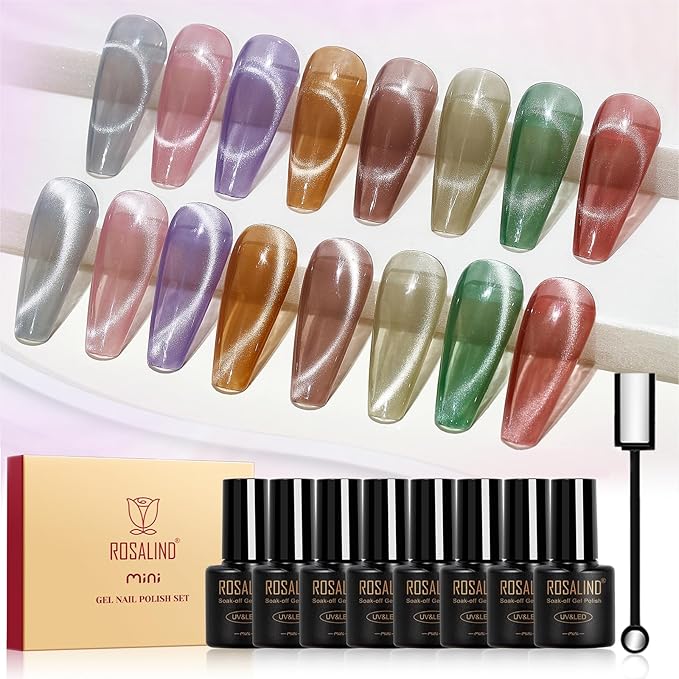 ROSALIND Cat Eye Gel Nail Polish, 8 Color Jelly Gel Polish with Magnet Stick Magnetic Cateye Translucent Effect Sheer Glitter Collection Manicure Gifts for Women