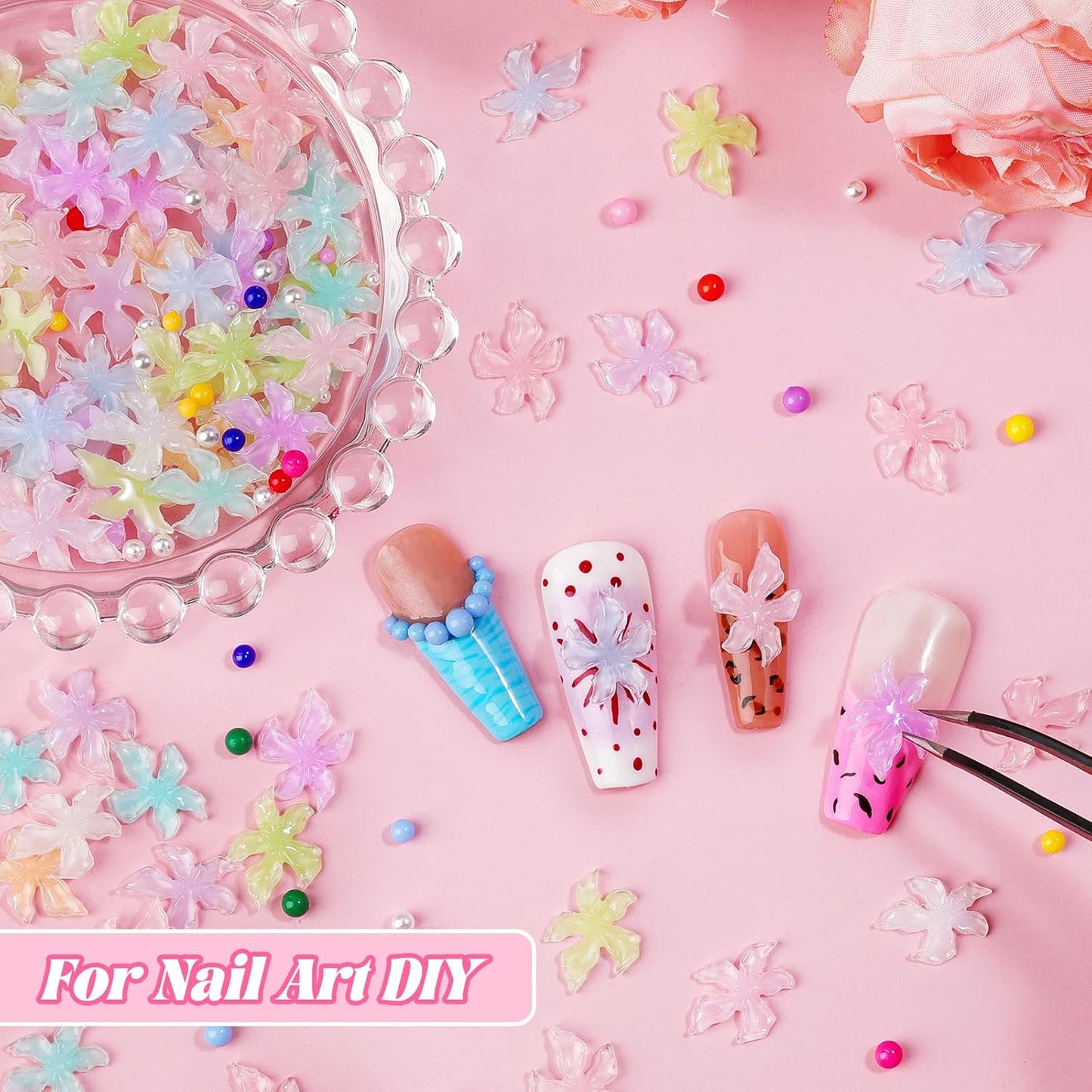 300Pcs Flower Nail Charms Kit, 100Pcs 3D Embossed Hawaii Floral Charms and 100Pcs Nail Pearls with 100Pcs Macaron Beads, Colorful Hibiscus Summer Flowers Mini Gems Round Beads for Nails DIY