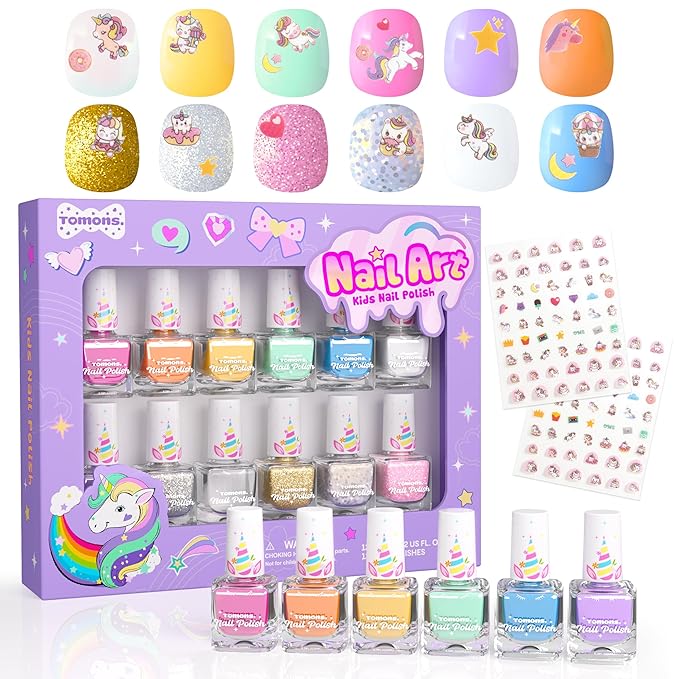 Tomons Nail Polish Set for Kids , 12 Colors Non-Toxic Water-Based Quick-Dry & Peel-Off DIY Nail Art Kit for Girls Ages 6+, Gifts for Halloween, Christmas, Birthday or Parties
