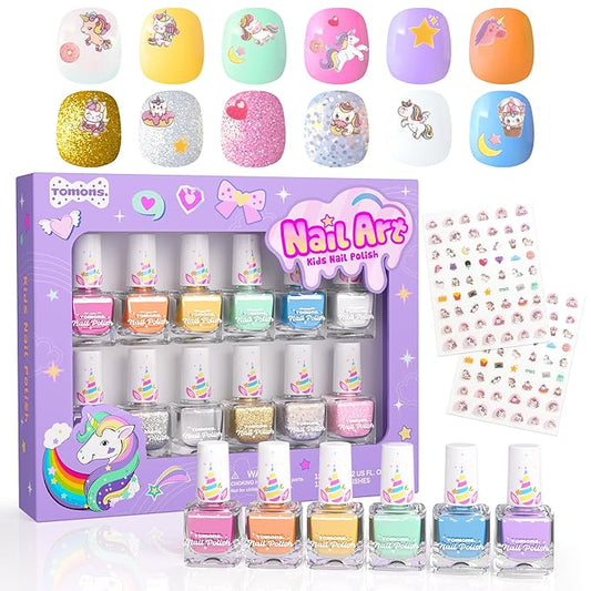 Tomons Nail Polish Set for Kids , 12 Colors Non-Toxic Water-Based Quick-Dry & Peel-Off DIY Nail Art Kit for Girls Ages 6+, Gifts for Halloween, Christmas, Birthday or Parties