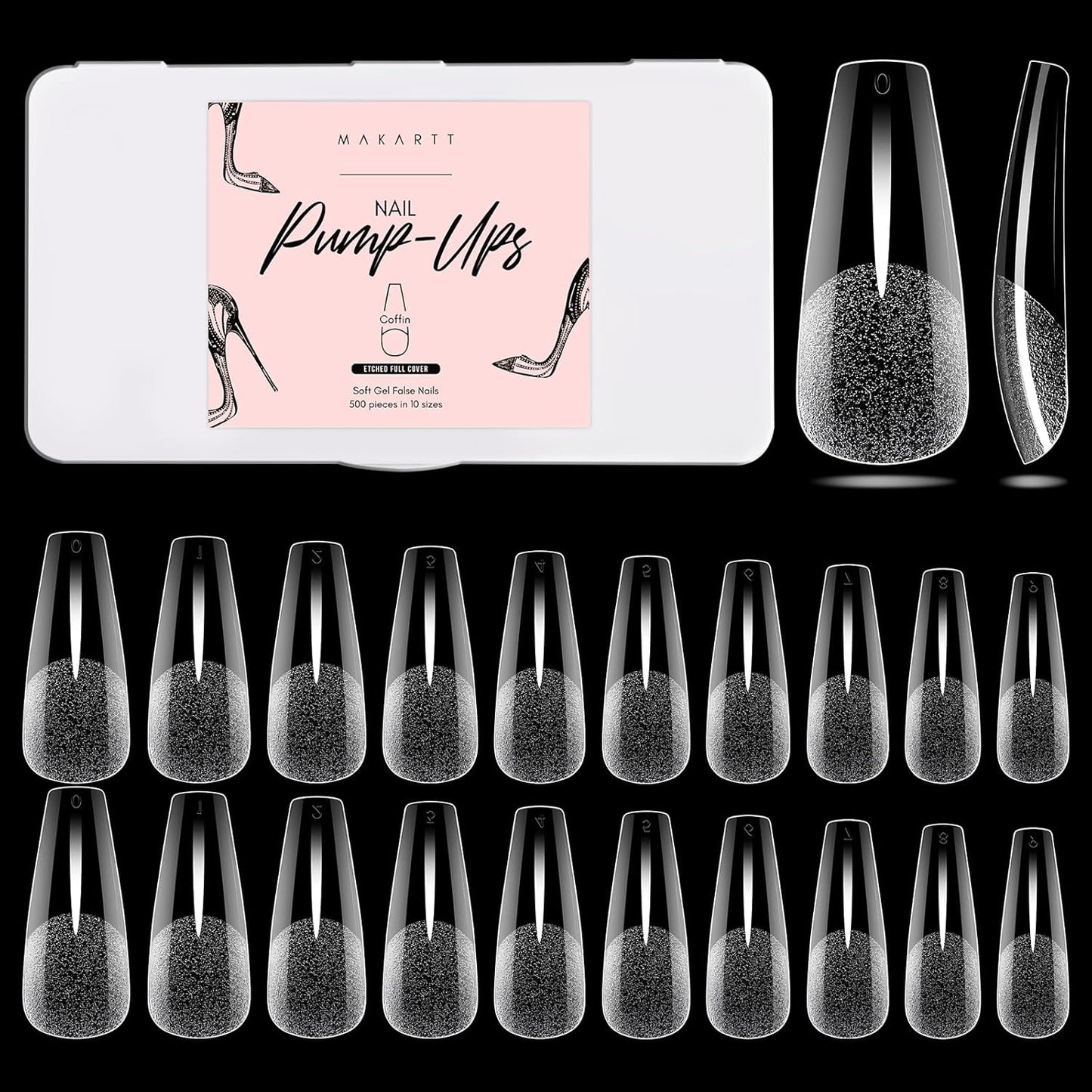 Makartt Coffin False Nail Tips: 500pcs Long Pre-buffed Full Cover Clear Press on Acrylic Nails Extension 10 Sizes No Crease Soak Off Soft Gel Fake Tip with Box Home DIY