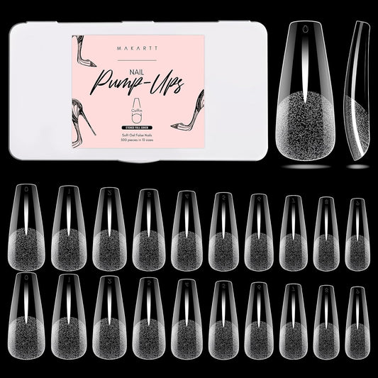 Makartt Coffin False Nail Tips: 500pcs Long Pre-buffed Full Cover Clear Press on Acrylic Nails Extension 10 Sizes No Crease Soak Off Soft Gel Fake Tip with Box Home DIY