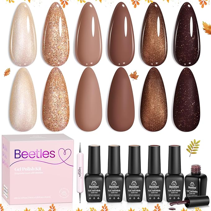 beetles Gel Polish Brownie Bliss - Fall Gel Nail Polish Set Light Dark Brown 6 Colors Nail Kit Pearl Shimmering Soak Off UV LED Lamp Needed Manicure DIY Home Gift for Women Girls