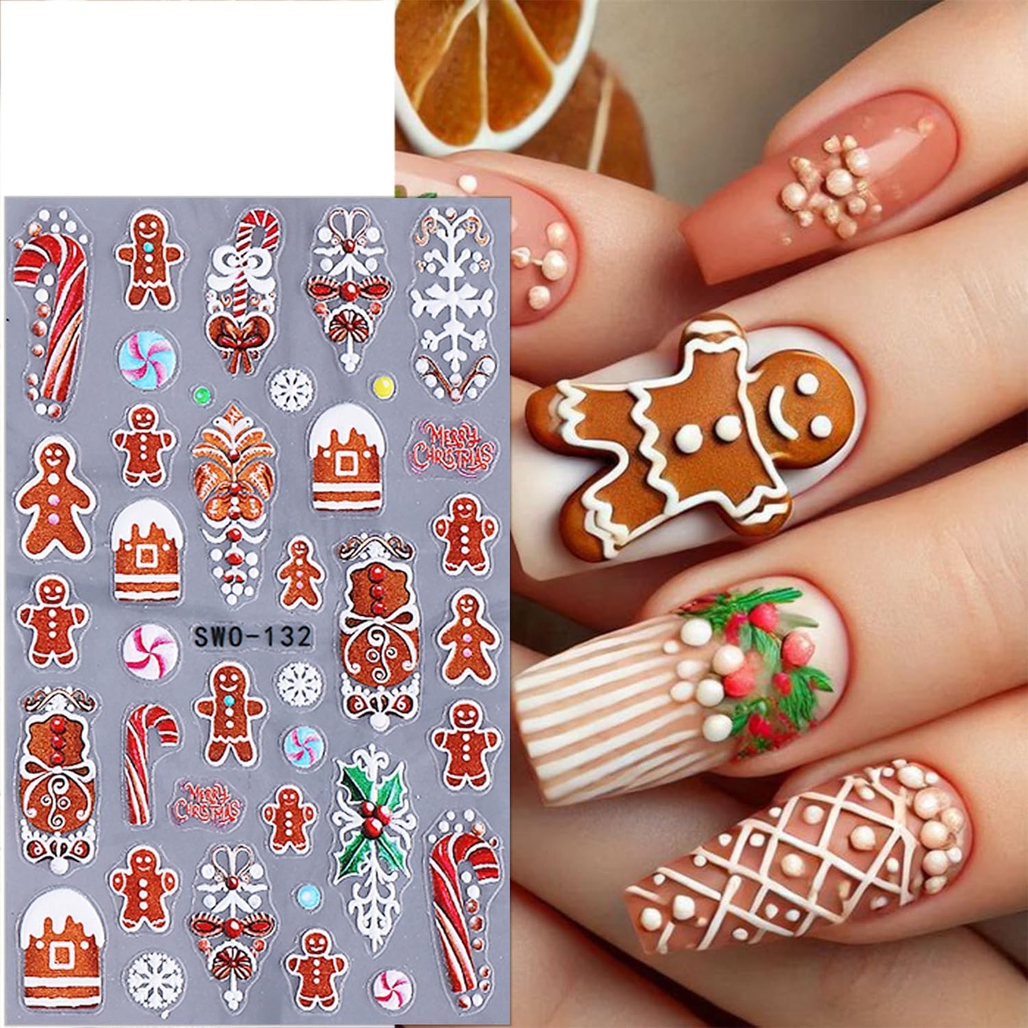 2 Sheets 5D Christmas Nail Stickers for Nail Art Self-Adhesive Embossed Winter Snowman Christmas Tree Snowflakes Xmas Gingerbread Man Nail Decals New Year Nail Design Sticker for Women DIY Manicure