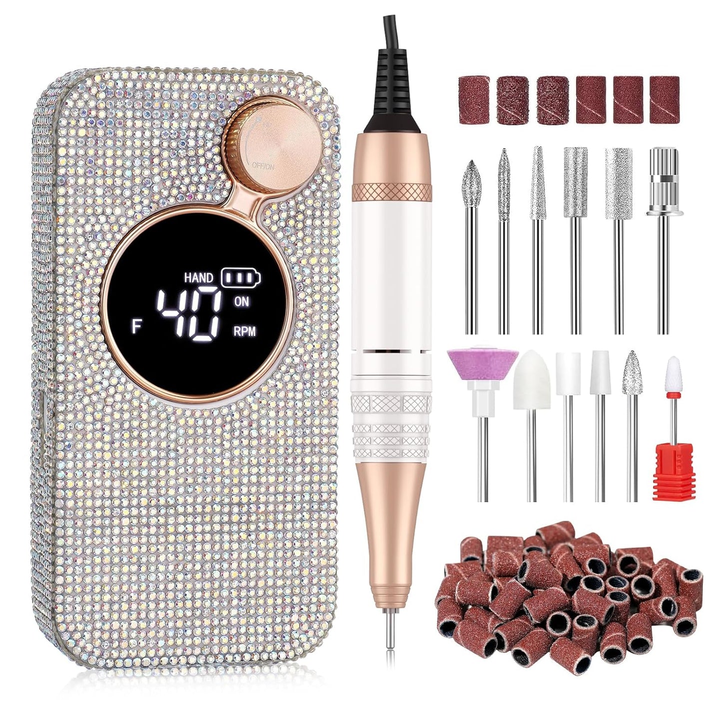 Electric Nail Drill,40000RPM Cordless Nail File Diamond with 12 Drill Bits for Acrylic Nails Gel Polishing,E File Nail Kit Machine for Manicure Salon Home (AB White Diamond)