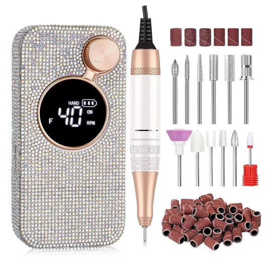 Electric Nail Drill,40000RPM Cordless Nail File Diamond with 12 Drill Bits for Acrylic Nails Gel Polishing,E File Nail Kit Machine for Manicure Salon Home (AB White Diamond)