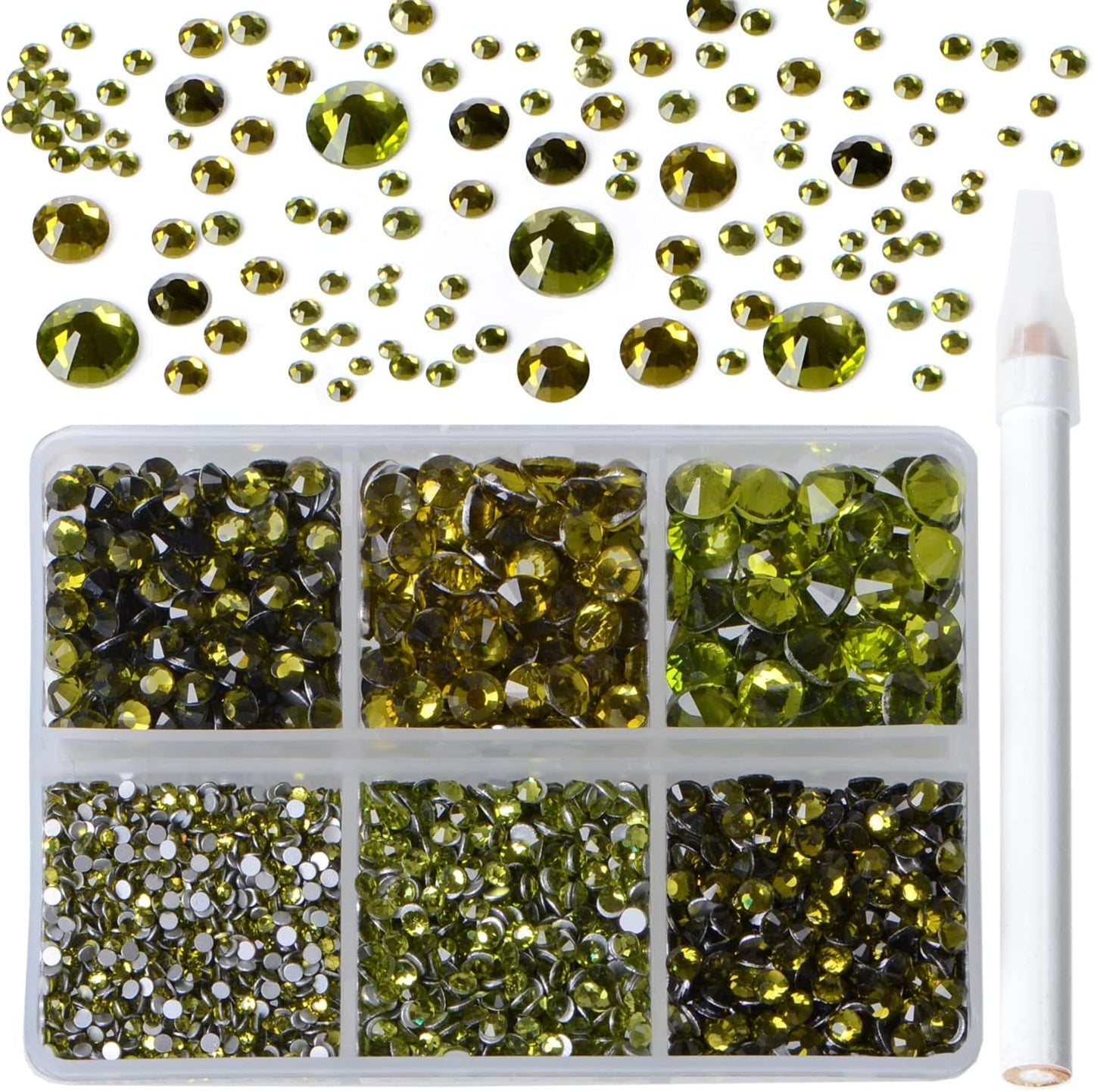 Bymitel 5000 Pieces 6 Mixed Sizes Glue Fix on Glass Rhinestones Round Crystal Gems Flatback for DIY Jewelry Making with one Picking Pen(6-Sizes 5000PCS, Olivine)