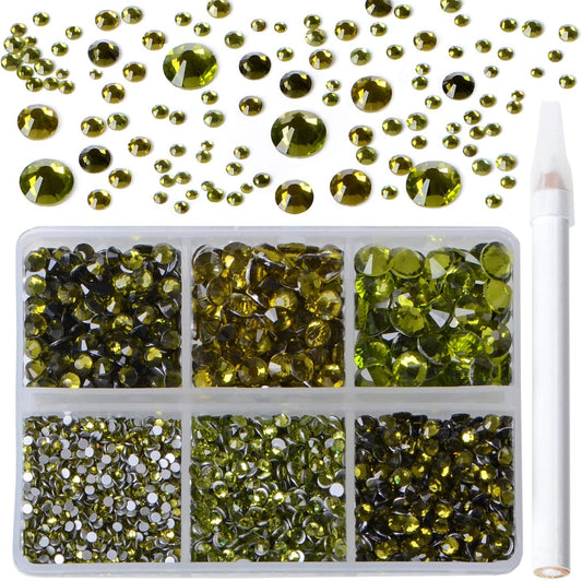 Bymitel 5000 Pieces 6 Mixed Sizes Glue Fix on Glass Rhinestones Round Crystal Gems Flatback for DIY Jewelry Making with one Picking Pen(6-Sizes 5000PCS, Olivine)