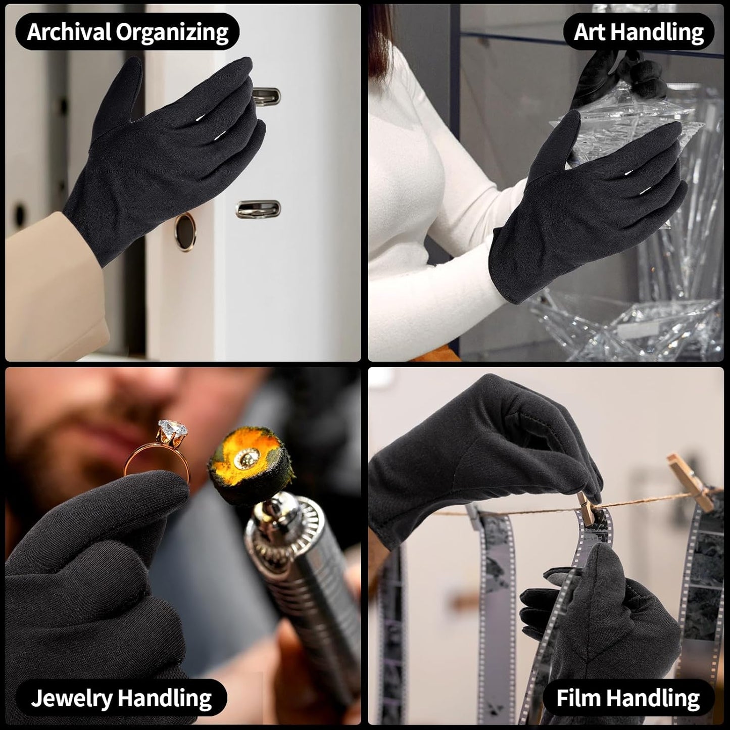 10 Pairs Extra Large Black Cotton Gloves for Dry Hands Sleeping, Men and Women Moisturizing, Black Work Gloves for Photography, Coin Handling, Jewelry, with Pack of 40 Touch Screen Stickers