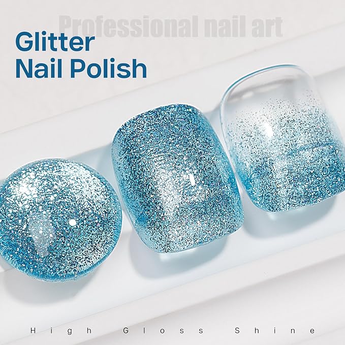 MIZHSE Quick Dry Glitter Blue Nail Polish, Fast Drying Nail Polish, 15ml High Glossy Sparkly Shiny Shimmer Nail Lacquer Nail Art Salon Manicure Home
