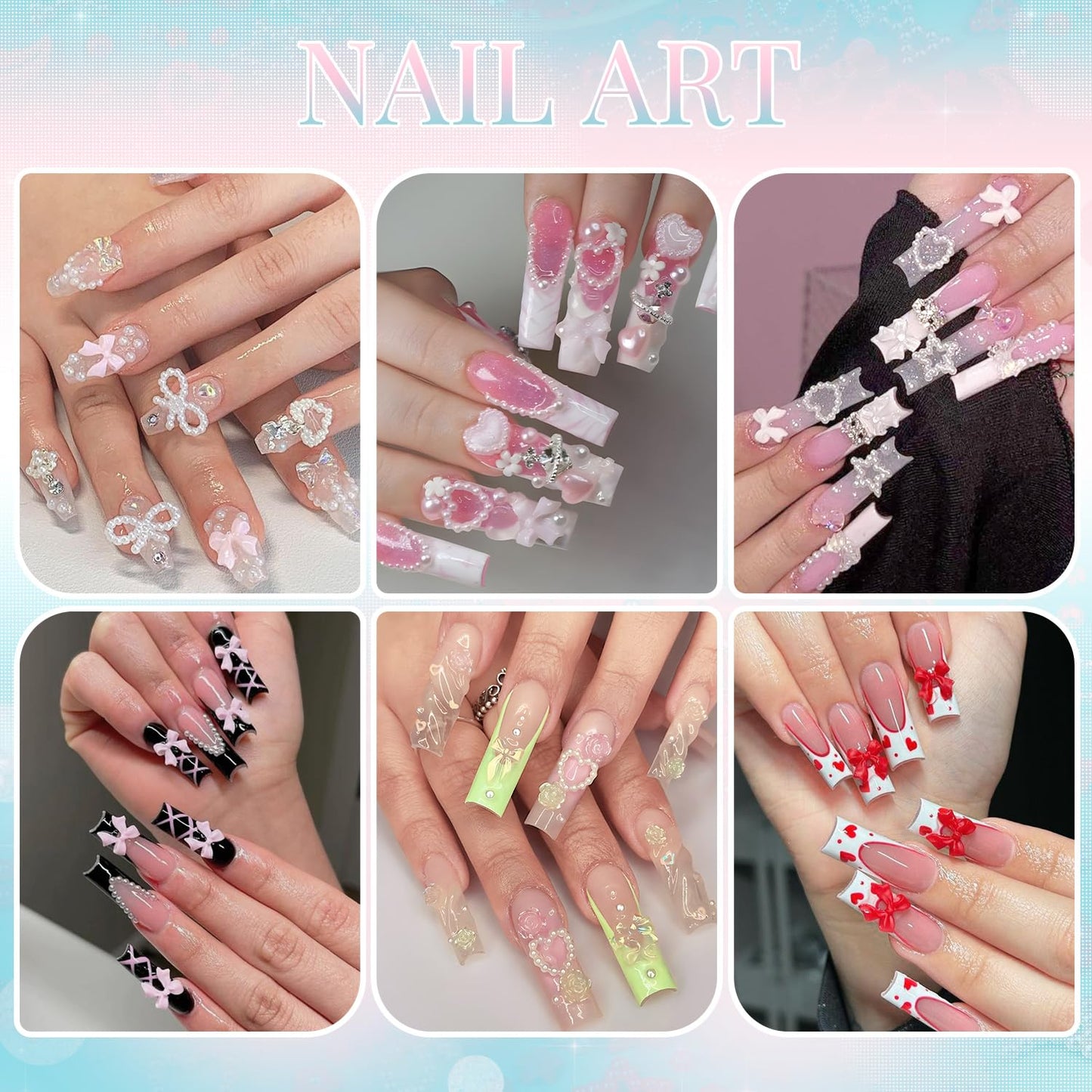3D Nail Charms for Coquette Nails Design with Rhinestone Glue Set 1, Colorful Nail Bows + Assorted Heart Star Rose Butterfly Nail Jewels + 3D Flowers and Pearls, with Picker Tools for Nail Decor