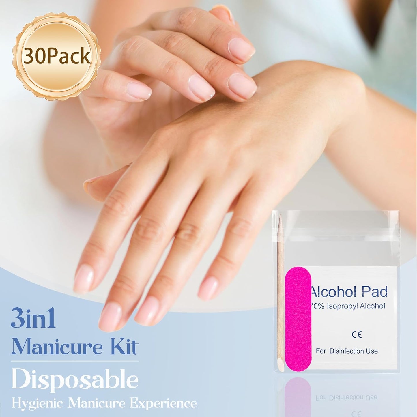 30 Pack Disposable Manicure Kit Individually Packed 3-Piece Mini Press on Nail Art Tool Prep Kit Includes Mini Nail File, Cuticle Stick, Prep Pad, 30 Sets for Salon Business Home Travel Use