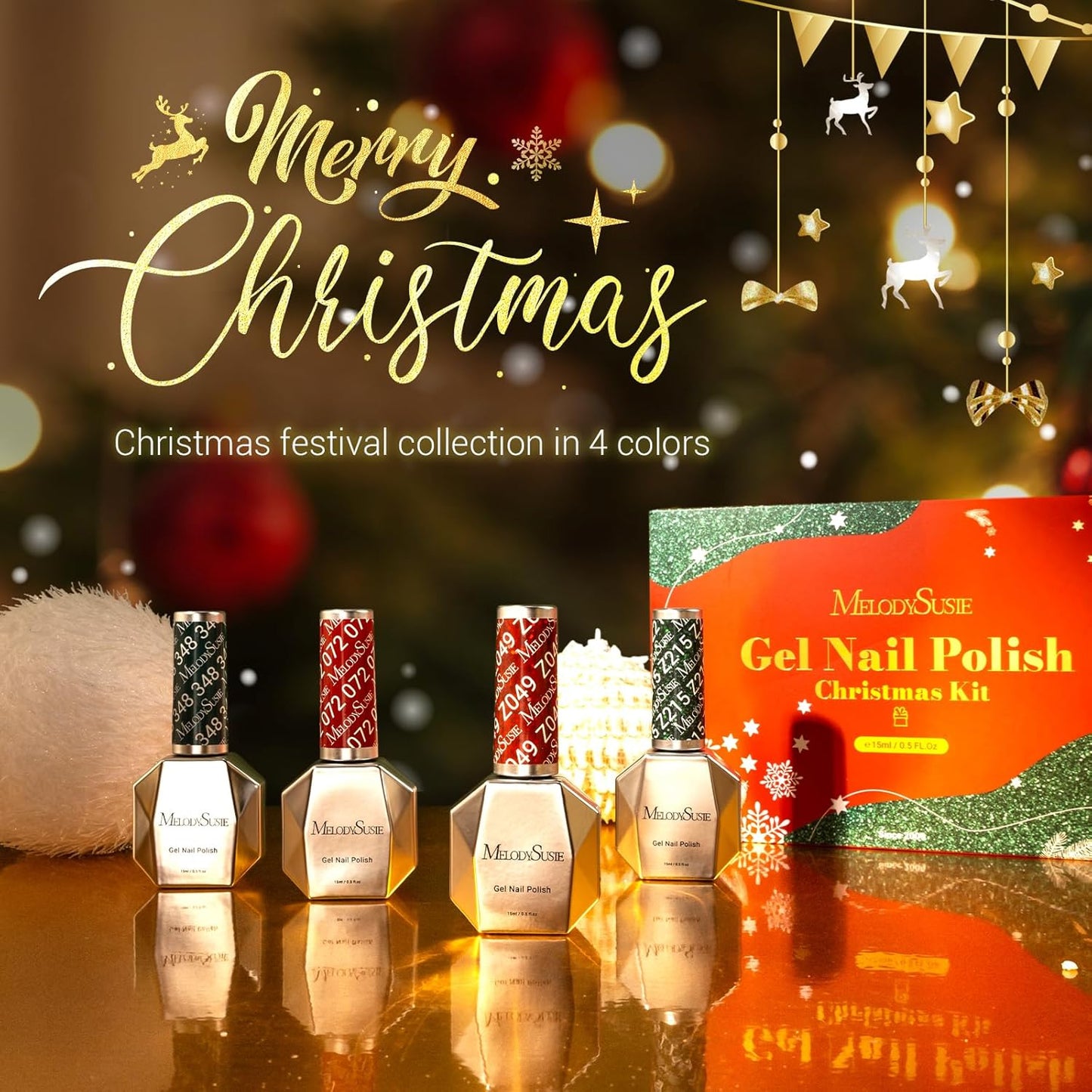 MelodySusie 15ML Christmas Gel Nail Polish Set: Christmas 4 Colors Green and Red Gel Polish Nails Soak Off UV LED Christmas Gel Polish Set Gifts for Women Girls Nail Art Manicure Salon DIY Nail Design