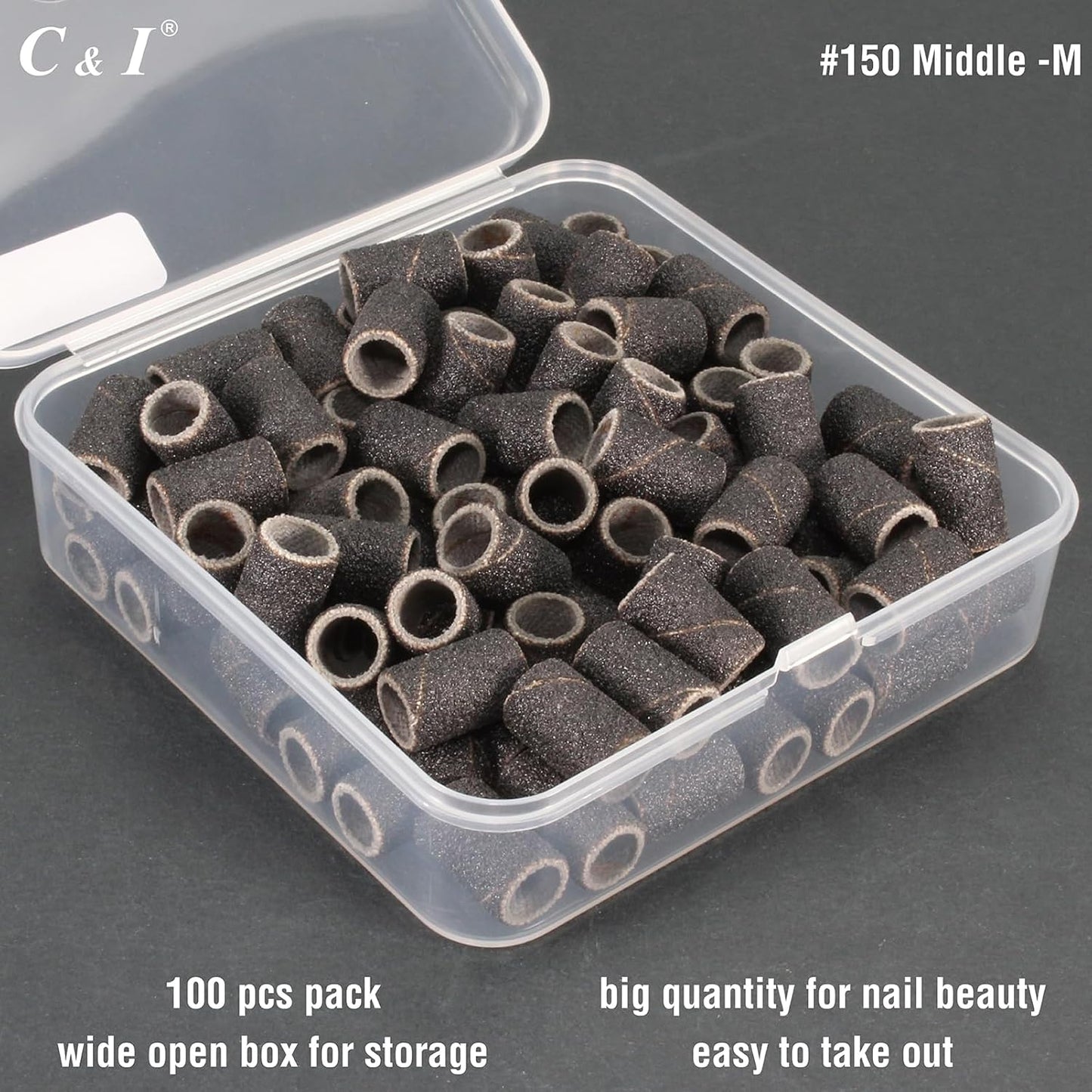 C & I Nail Sanding Bands 100 PCS Plus Upgrade Mandrel 1 PC, Nail Drill Bits for Acrylic Gel Nails Remove, Natural Nails Buffer for Nail Prep and Nail Shiner (Black, #150 Middle)