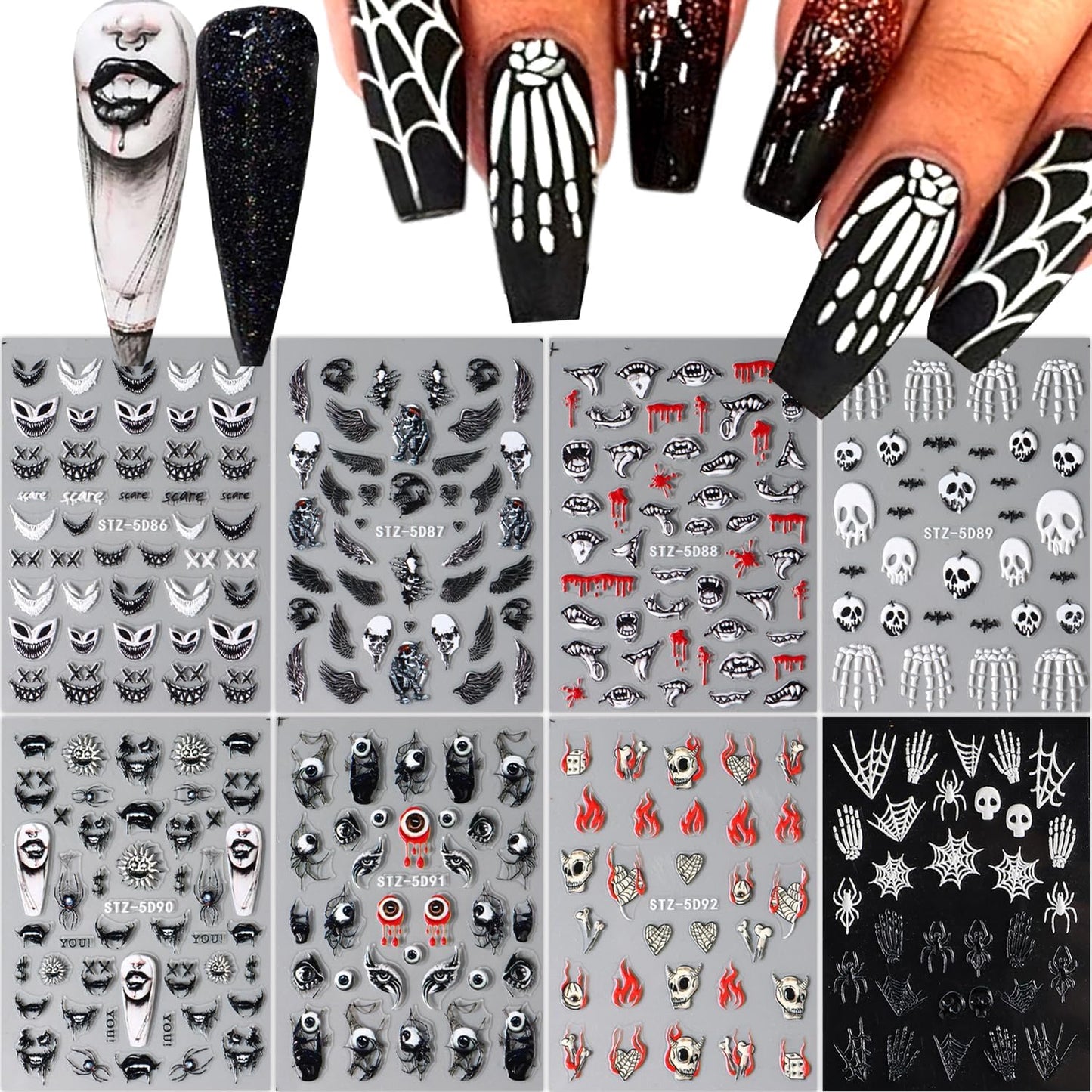 8 Sheets Halloween Nail Art Stickers - Goth Ghost, Skeleton Skull Spider Nail Decals - 3D, 5D Black Wing Nail Supplies - DIY French Manicure