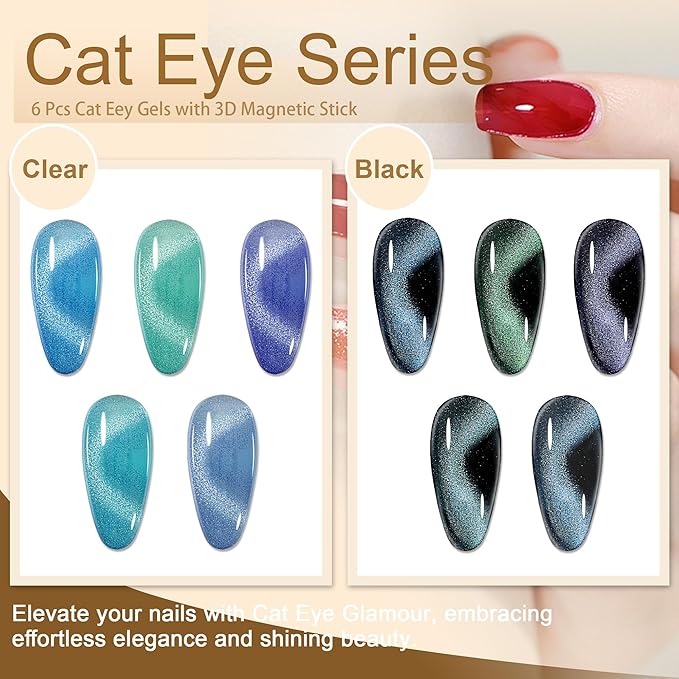 Blue Tears Cat Eye Gel Nail Polish, 7.5ml*6 with Magnets Stick, Galaxy Chameleon Effect Silky Cat Eye Nail Gel Soak Off Nail Art Salon Manicure Home Ladies Gift