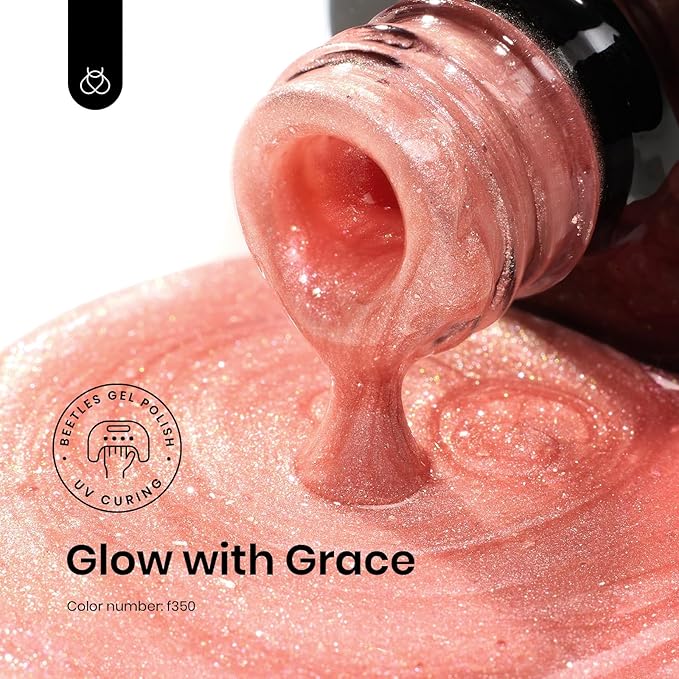 Beetles Glow with Grace Glitter Gel Polish 15ml Coral Orange Gel Nail Polish Colors Pearl Shimmering Coral Glow with Threaded Swirl Design Soak Off UV LED for DIY Salon Manicures