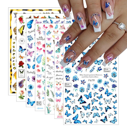7 Sheets Butterfly Nail Art Sticker Decals Spring Summer 3D Self-Adhesive Nail Decals Colorful Floral Nail Supplies Pink Blue Purple Yellow Butterfly Nails Designs Supplies for Women Nail Decoration