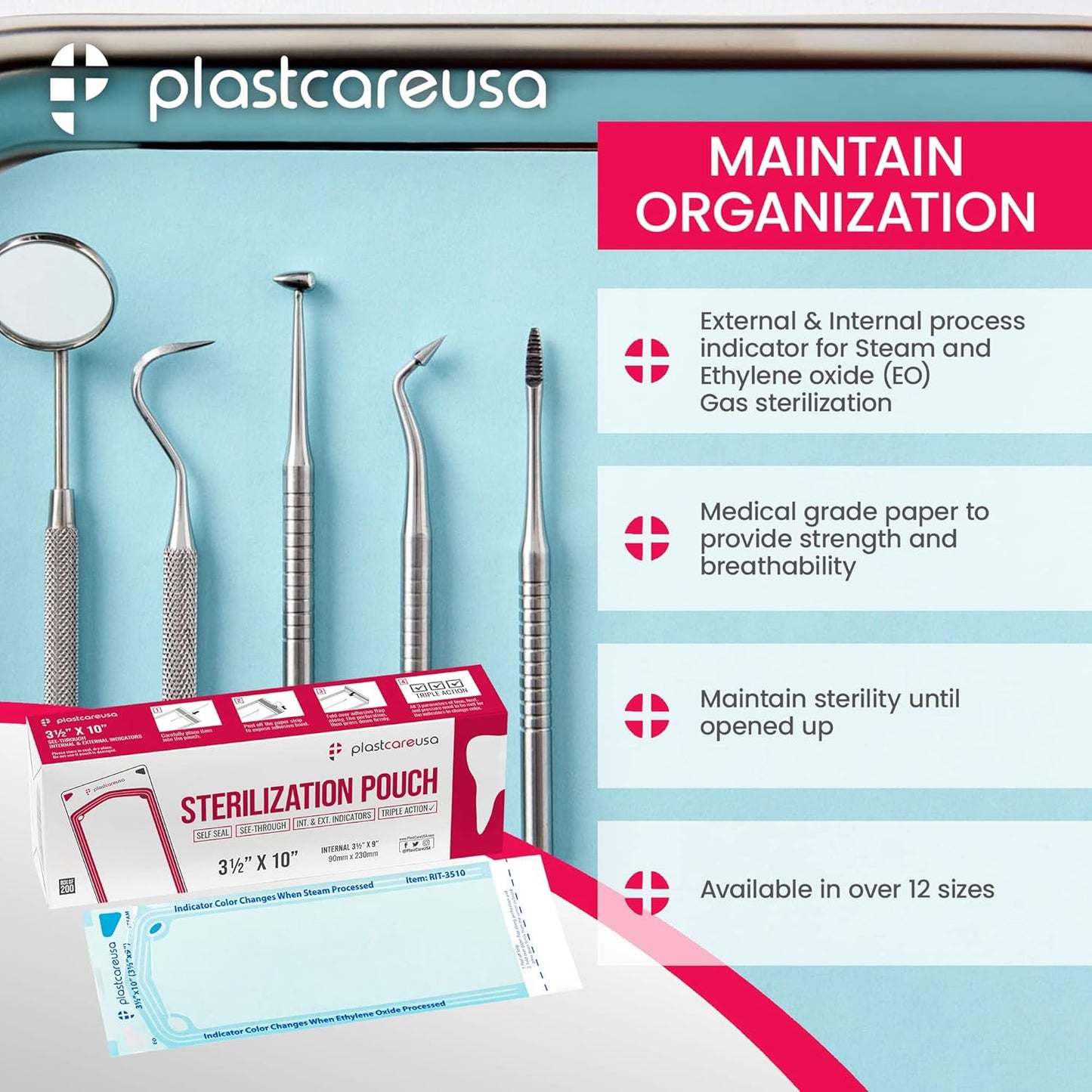 Self Sealing Sterilization 1000 Pouches 3.5" x 10" - Latex-Free, Color Changing Indicator (5 Boxes of 200) by PlastCare USA