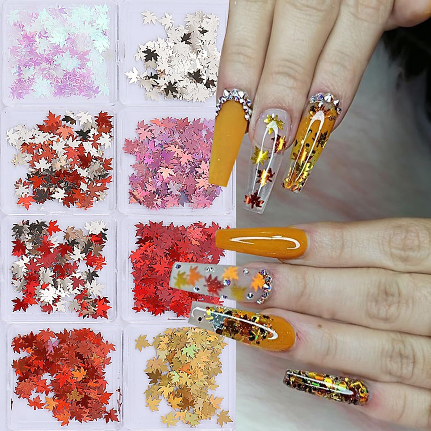Maple Leaf Nail Sequins Fall Maple Leaves Glitter for Nails Holographic Nail Art Design Supplies 3D Autumn Nail Glitter Flakes Decor