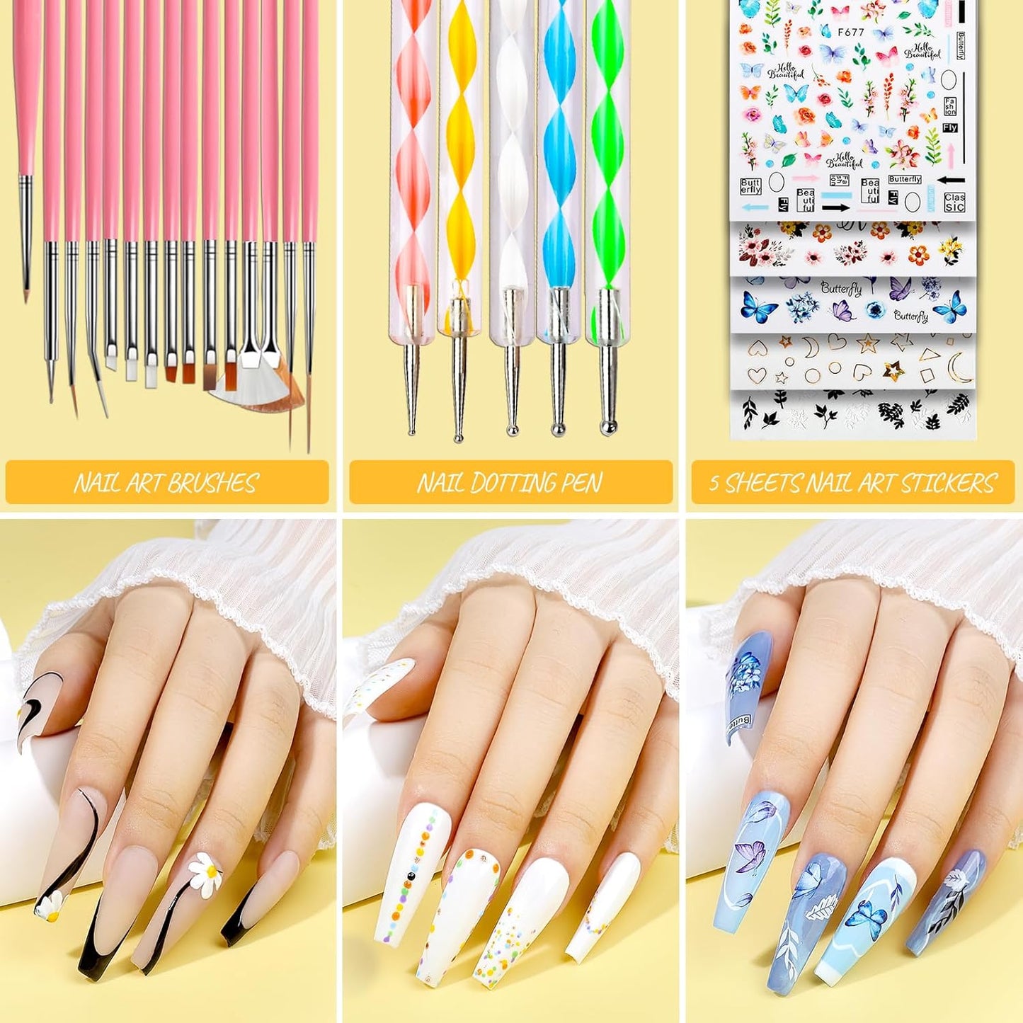 Teenitor Press On Nail Kit - Clear Coffin Nail Tips, Art Brushes, Dotting Pen, Glitter, Stickers & Rhinestones