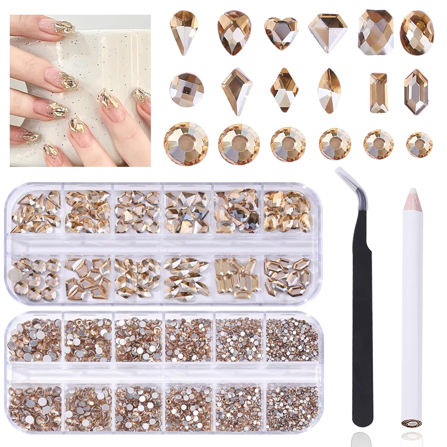 3120 Champagne Diamond Nail Rhinestones, HOINCO Crystal Nail Rhinestones, 3D Mixed Size Crystal AB Flat Bottom Gemstone for Nail Art DIY Craft Decoration with Crayon Tweezers