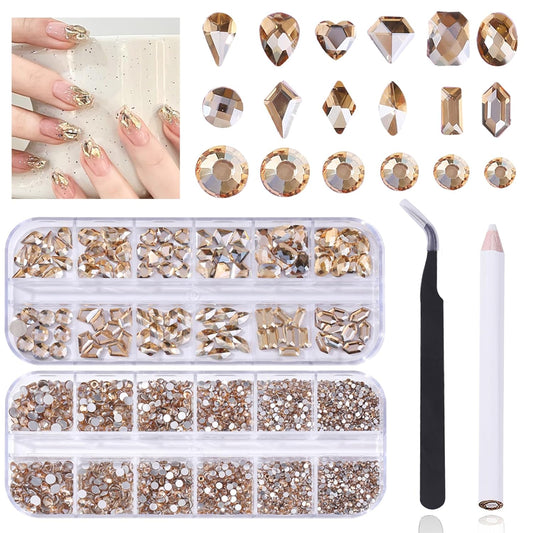 3120 Champagne Diamond Nail Rhinestones, HOINCO Crystal Nail Rhinestones, 3D Mixed Size Crystal AB Flat Bottom Gemstone for Nail Art DIY Craft Decoration with Crayon Tweezers