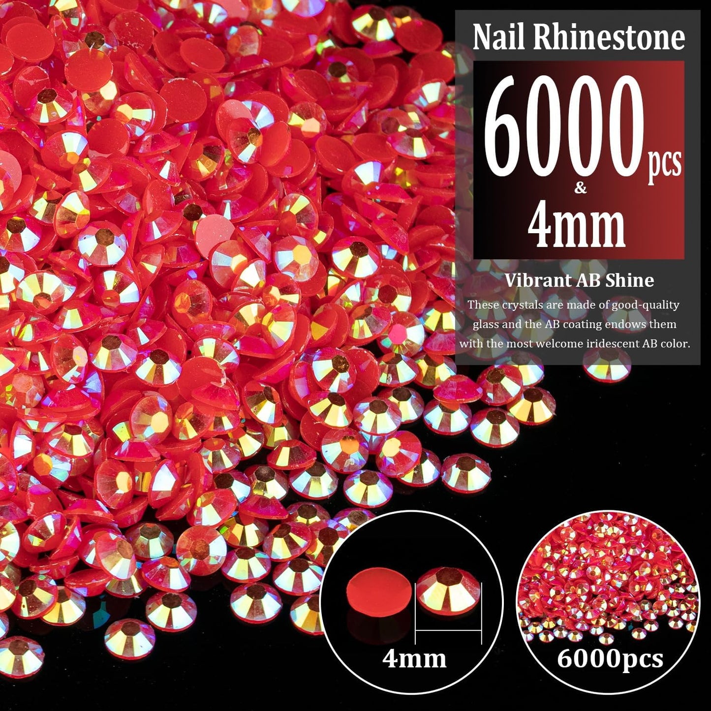 6000pcs 4mm Resin Rhinestones Bulk, Red AB Flatback Round Jelly Rhinestones Bedazzling Non Hotfix Crystal Gems Large Quantity Wholesale for DIY Crafts Clothes Bottles Tumblers Face Makeup Manicure