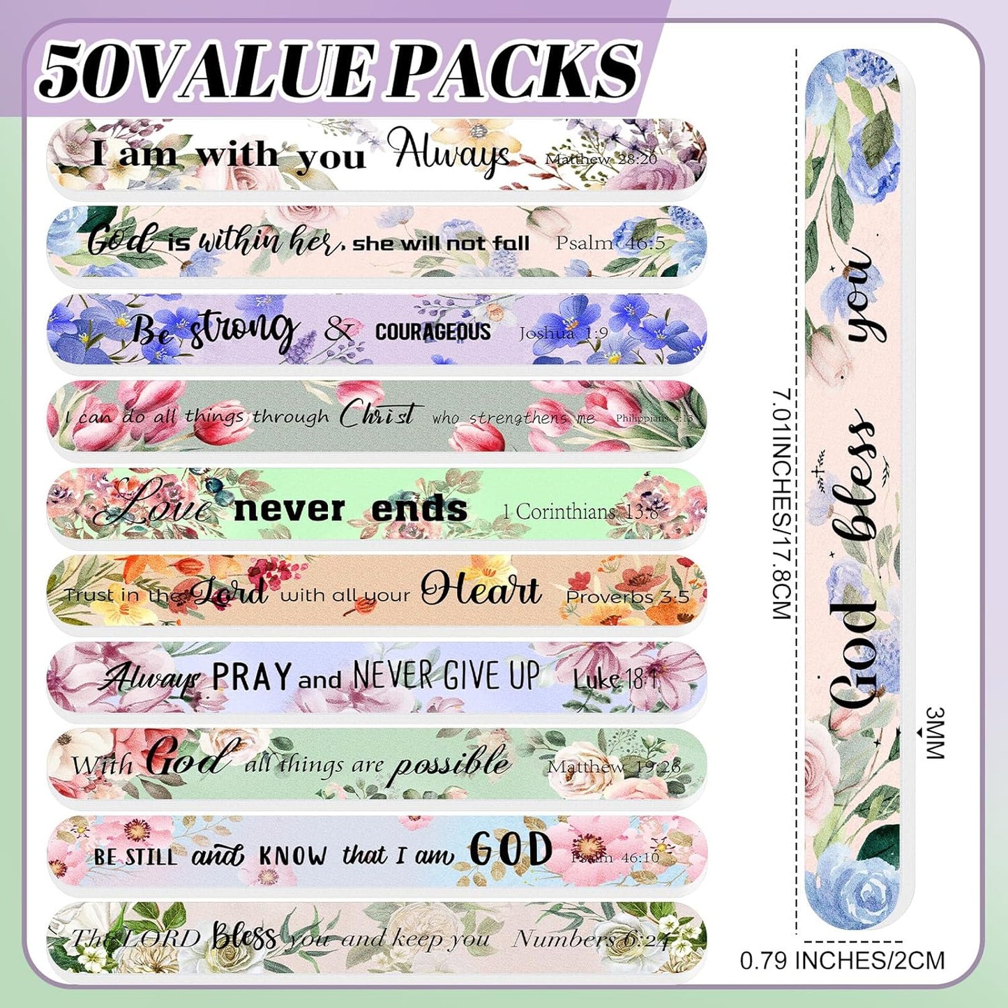 50 Pack Christian Gifts for Women Bulk Bible Verse Scripture Nail Files Floral Emery Boards Christian Religious Party Employee Appreciation Gifts for Team Staff Coworkers Teachers