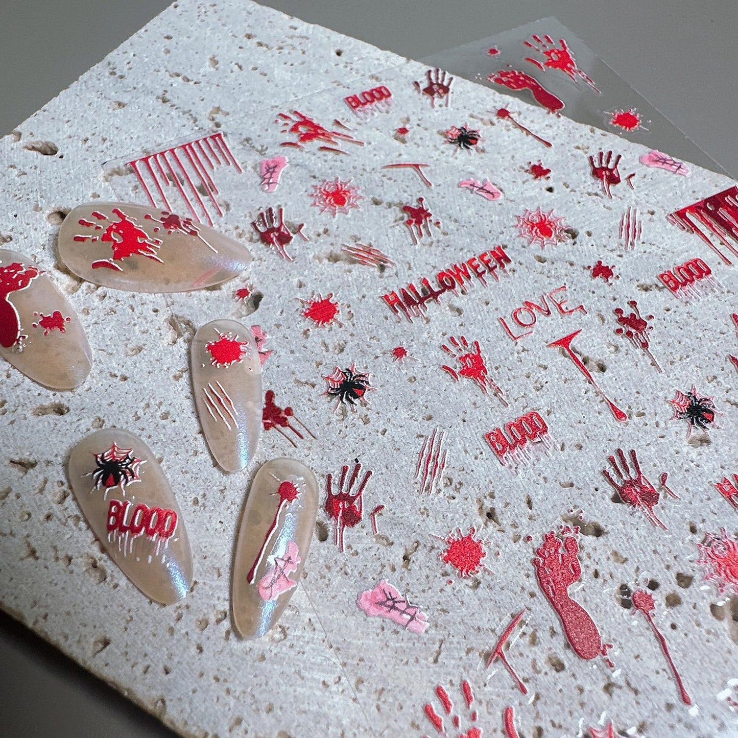 1 Sheets Halloween Nail Stickers for Nail Art Embossed Bloody Handprint Nail Art Stickers Blood Drop Spider Gothic Nail Decals 5D Self-Adhesive Bloody Footprints Nail Design Decals for Women