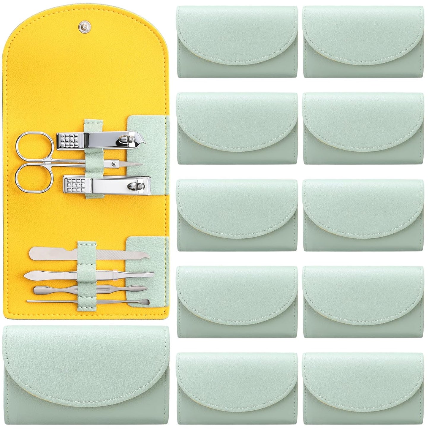 12 Set Manicure Set Bulk Mini Manicure Nail Clipper Kit 7 in 1 Stainless Steel Professional Nail Care Pedicure with Travel Portable Bag Grooming Kits for Women Men Home(Light Green)