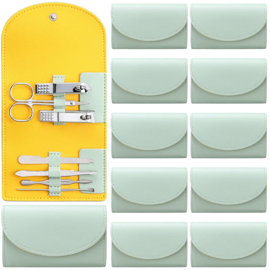 12 Set Manicure Set Bulk Mini Manicure Nail Clipper Kit 7 in 1 Stainless Steel Professional Nail Care Pedicure with Travel Portable Bag Grooming Kits for Women Men Home(Light Green)