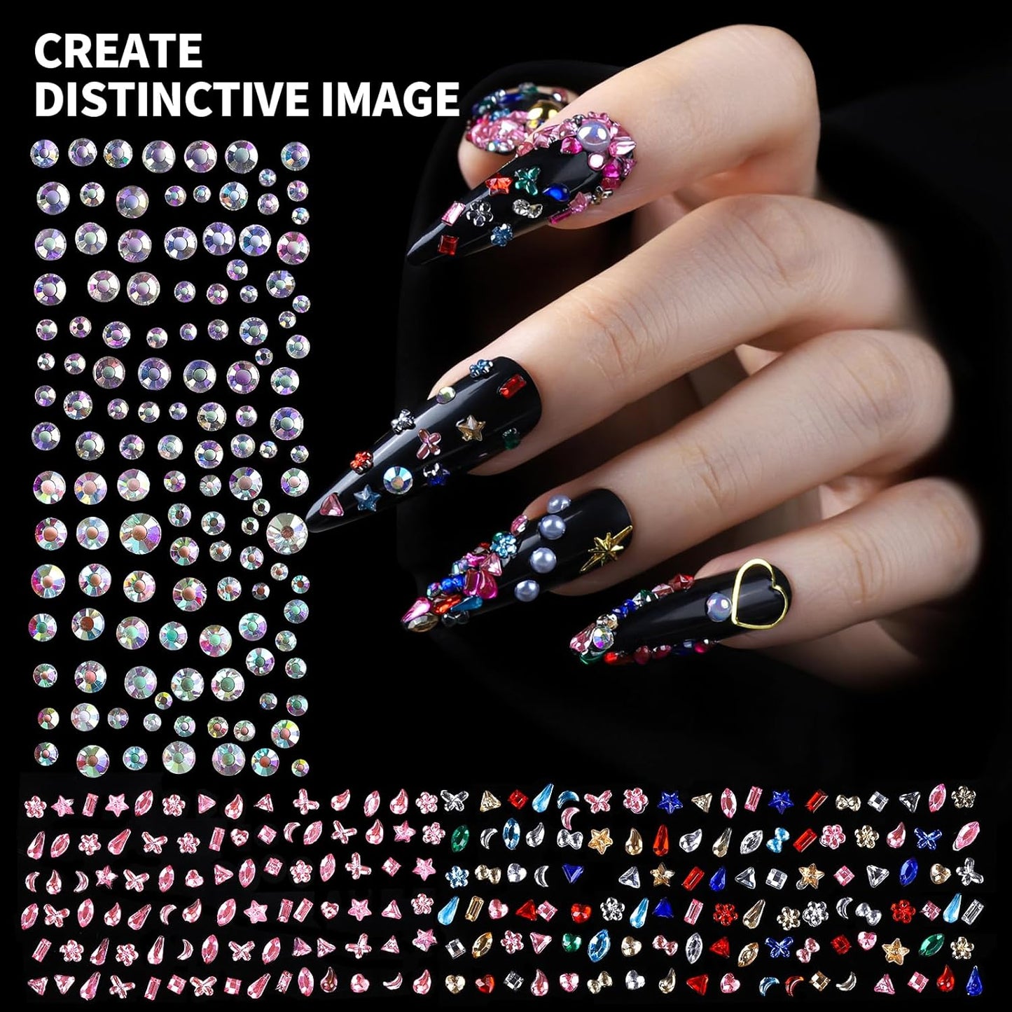 FAMDAMEI 24 Grid Nail Charms, Nail Art Kit with Multi Shapes Nail Charms and Gems, Flatback AB Nail Rhinestones Gold Nail Pearls, Colorful 3D Hawaii Flowers Nail Jewels for DIY Nail Design for Crafts