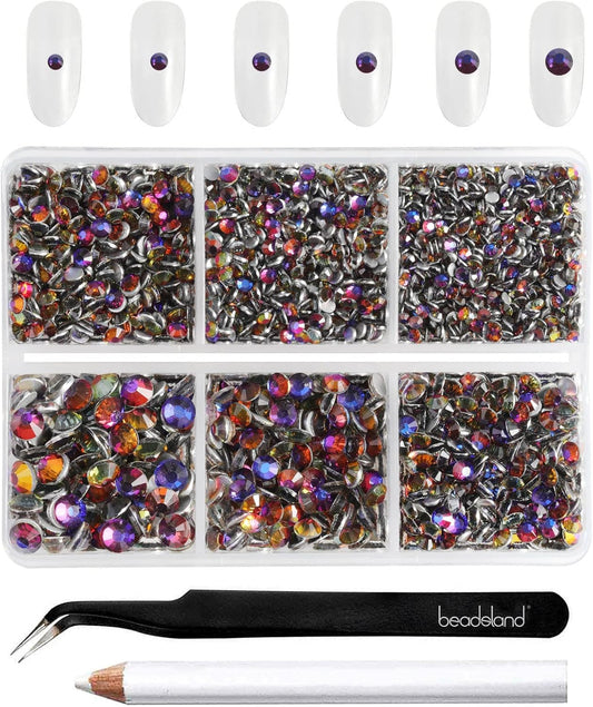 Beadsland 4300pcs Flatback Rhinestones,Blue Rhinestone Nail Gems Round Crystal Rhinestones for Crafts,Mixed 6 Sizes with Picking Tweezers and Wax Pencil Kit, SS6-SS20,Blue Volcano