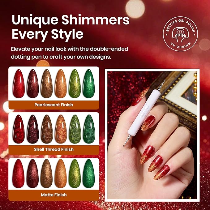 beetles Glitter Gel Nail Polish Set, 6 Colors Glitter Brown Orange Red Green Colors Christmas Nail Drawing Swirl Shell Thread Effect Gel Polish Kit Soak Off Led UV Nail
