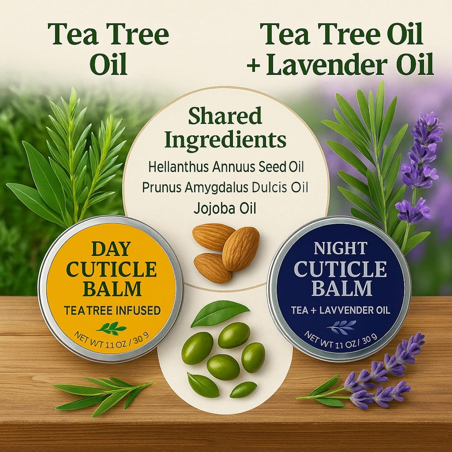 Tea Tree Oil Cuticle Balm Day & Night Set - Cuticle Cream & Butter for Dry, Damaged Cuticles - Includes Cuticle Brush for Easy Application - Cuticle Healing Treatment Moisturizer, 1.1 OZ 2PK