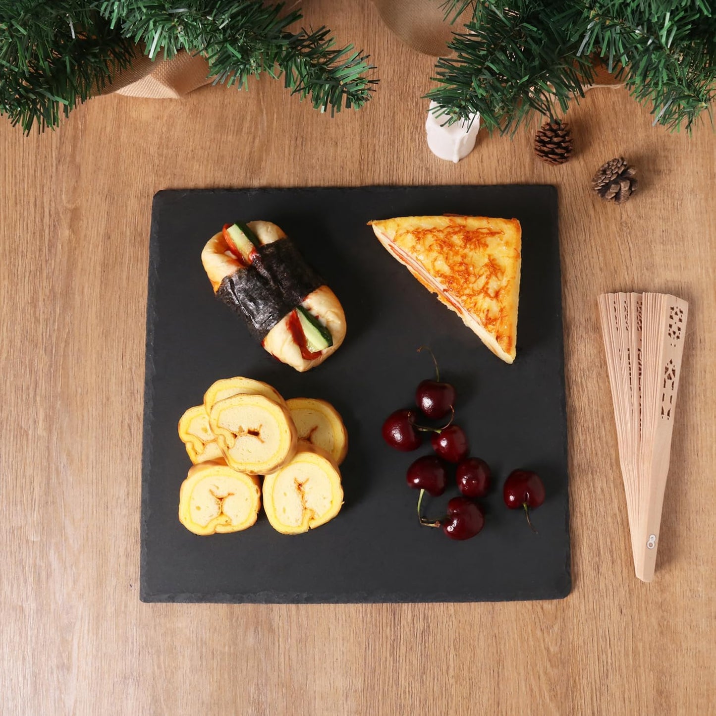 4 Pack 12 x 12 Inch Slate Cheese Boards, Black Square Slate Charcuterie Boards, Natural Charcuterie Stone Plates for Parties, Gifts, and Special Events, Cheese, Sushi, Food.
