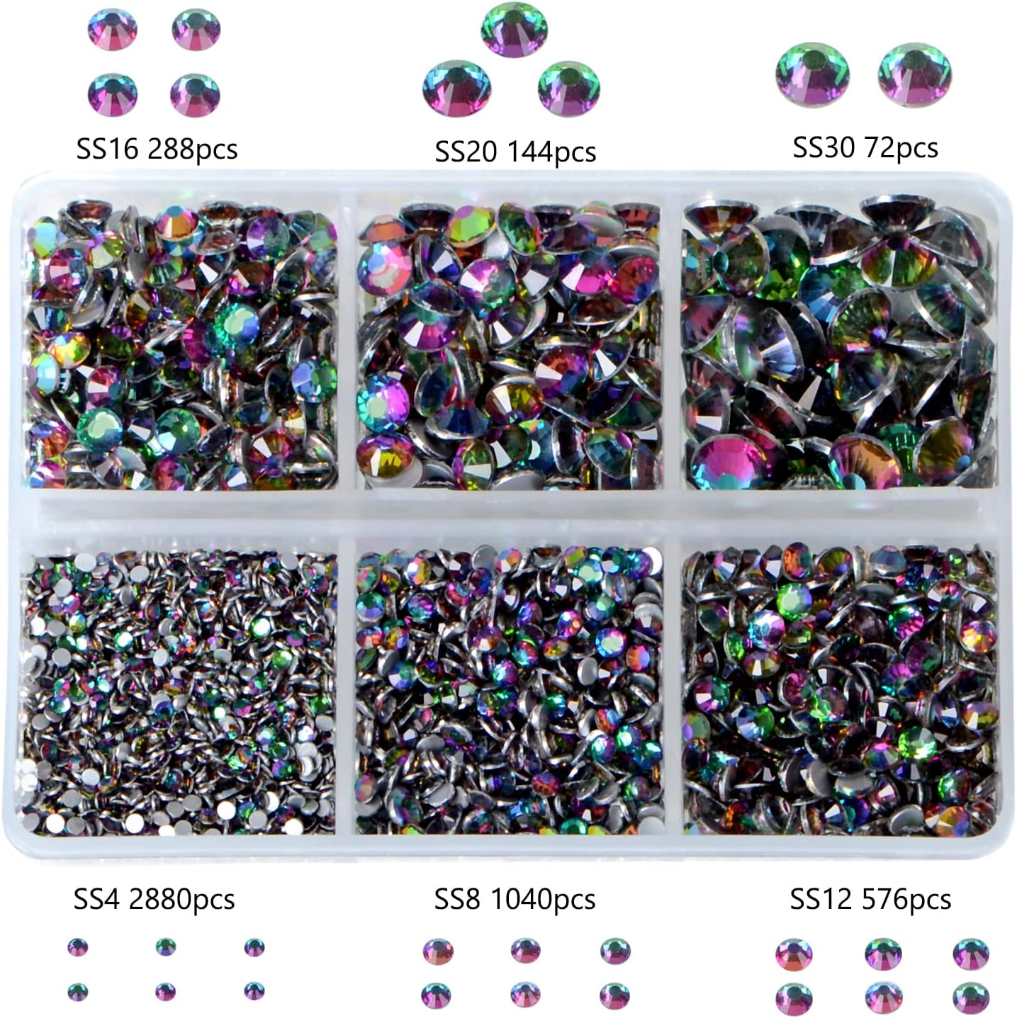 Bymitel 5000 Pieces 6 Mixed Sizes Glue Fix on Glass Rhinestones Round Crystal Gems Flatback for DIY Jewelry Making with one Picking Pen(6-Sizes 5000PCS, Green Volcanic)