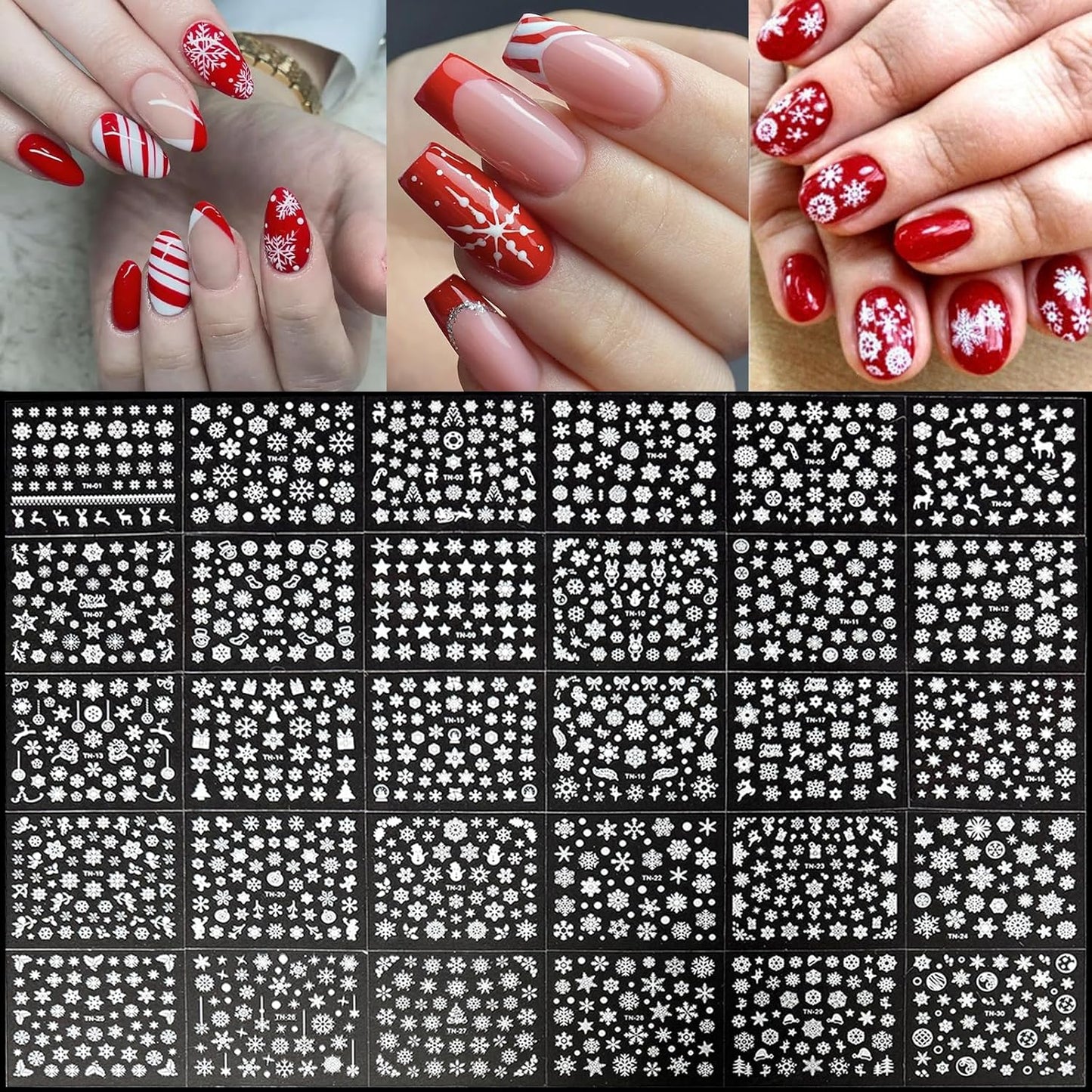30 Sheets Christmas Nail Art Stickers 3D Self-Adhesive White Snowflake Nail Decals Winter Xmas Elk Snowman Designs Nail Supplies Christmas Cute Nail Decoration for Women Manicure Accessories