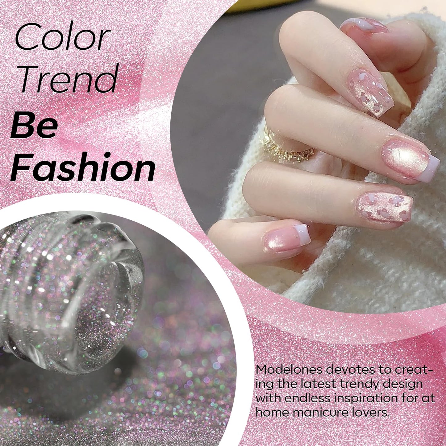 modelones Pink Cat Eye Gel Polish, 15 ML Glitter Holographic Jelly Glass Cat Eye Summer Light Rose Funny Bunny Color Shimmer Reflective Translucent U v Gel Magnetic Nail Polish Top Coat for Women Girl