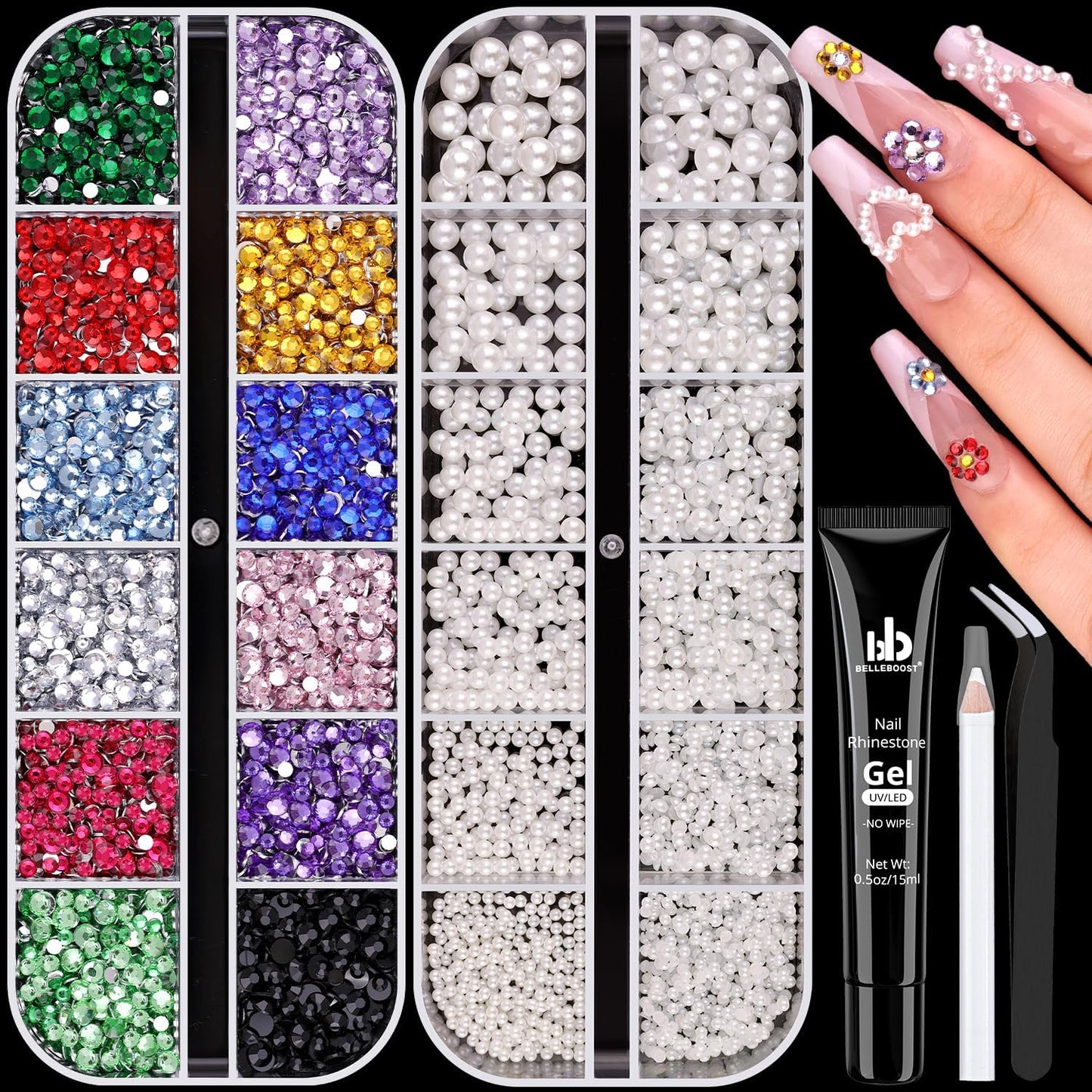8000Pcs Nail Pearls and Colorful Rhinestones for Nail Art with Rhinestone Glue, White Pearl Nail Charms(Flatback+Round), Nail Gems and Rhinestones Crystals Charms Bedazzling Gems for Manicure Decor
